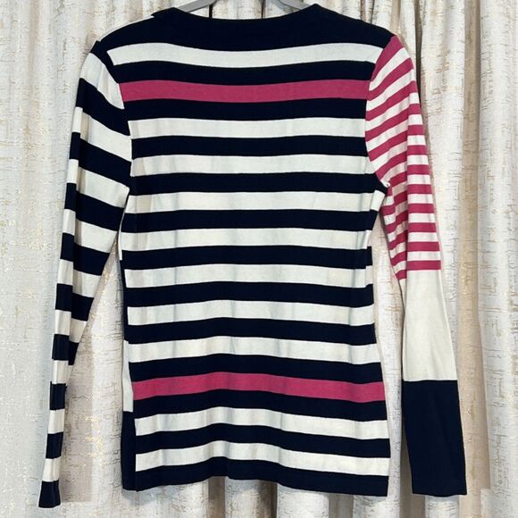 J. McLaughlin Button Up Navy Cream Pink Long Sleeve Cardigan Women’s Size Medium - Picture 2 of 6